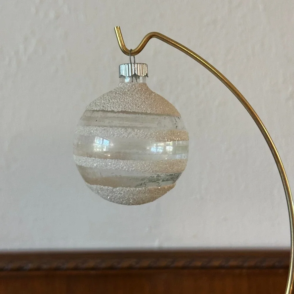 Vtg Shiny Brite Glass Unsilvered Christmas Ornament White Mica Stripe USA Made